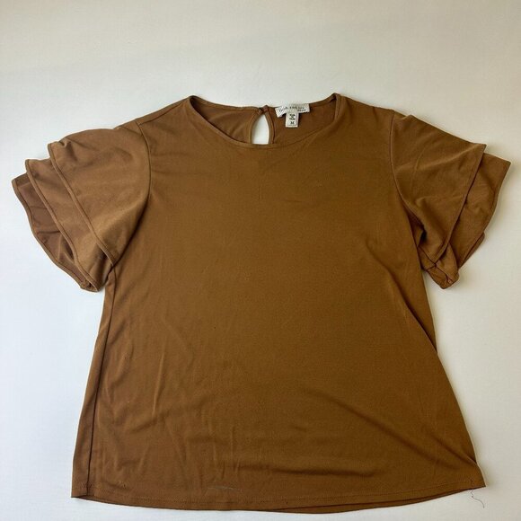 Faith and Joy Shirt Womens Medium Brown Ruffle Sleeve Keyhole Back Blouse Top - Picture 1 of 8